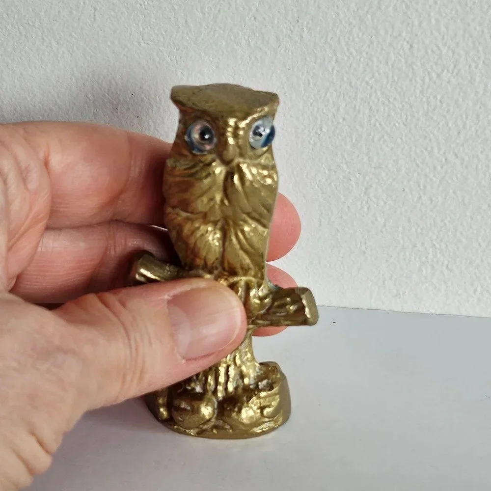 Brass Owl on Perch glass eyes figurine